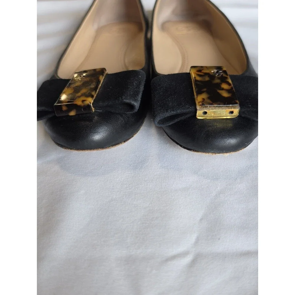 Tory Burch Black Leather Ballet Flats Suede Bow Tortoise Accent Women's 7.5M